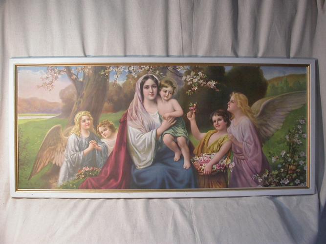 GRANDE CHROMOLITHOGRAPHIE VIERGE A L’ENFANT et ANGES