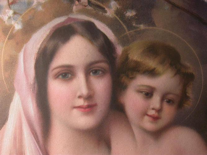 GRANDE CHROMOLITHOGRAPHIE VIERGE A L’ENFANT et ANGES