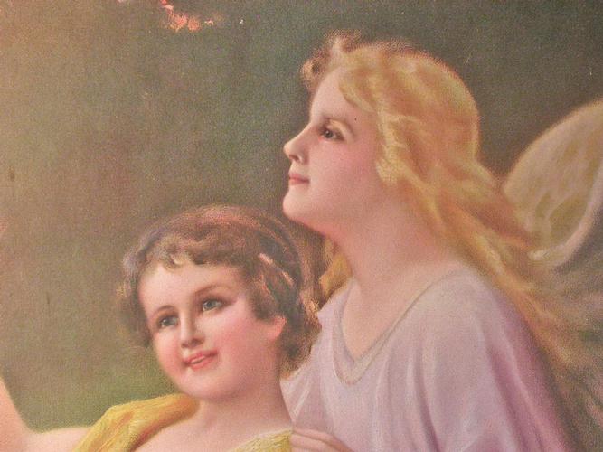 GRANDE CHROMOLITHOGRAPHIE VIERGE A L’ENFANT et ANGES