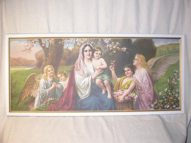 GRANDE CHROMOLITHOGRAPHIE VIERGE A L’ENFANT et ANGES