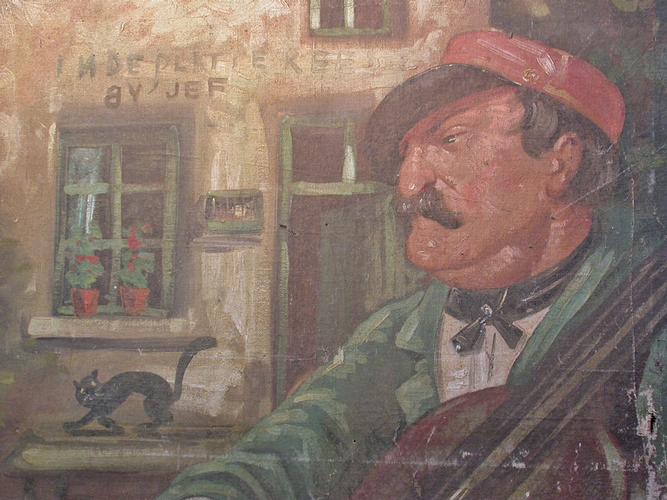 Grande HUILE SUR TOILE “ LES 2 MUSICIENS ” - Ancien DÉCOR DE BISTROT “Chez Joseph”