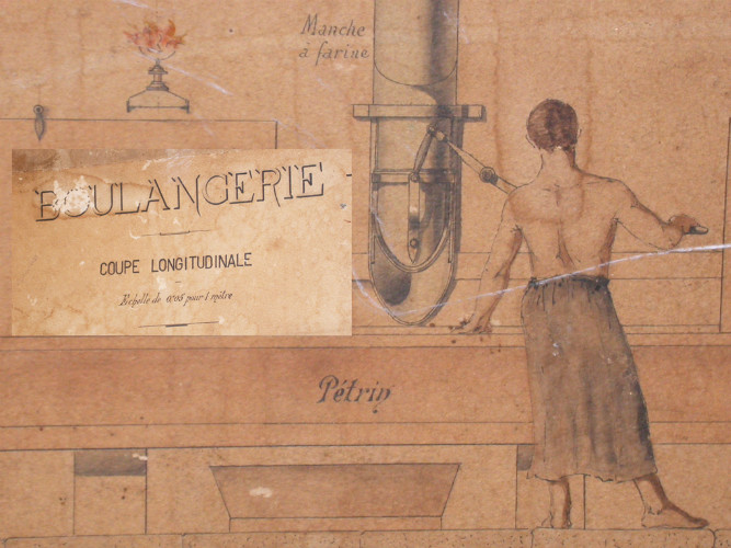 PLANCHE d'ECOLE illustrant le fonctionnement d'une BOULANGERIE