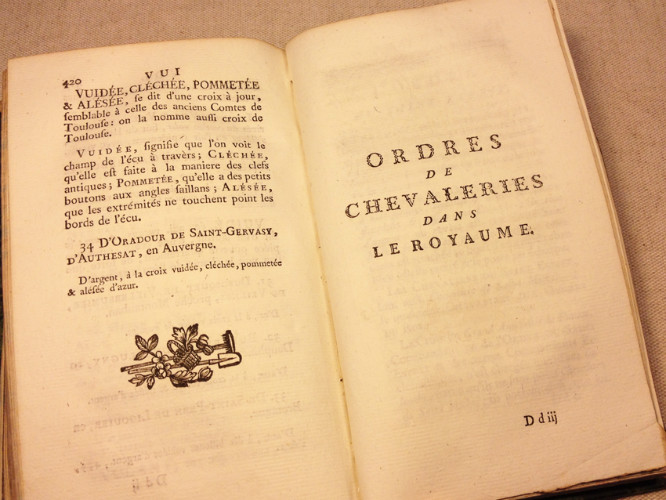 DICTIONNAIRE HERALDIQUE et ORDRE DES CHEVALIERS 1774 ed. originale avec ex libris