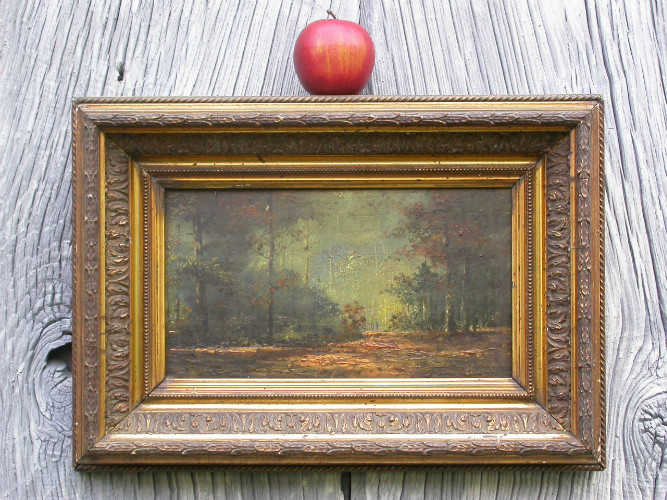 HUILE sur BOIS encadrée signée J. DECOSTER - Paysage de sous bois (en pendant avec la marine)