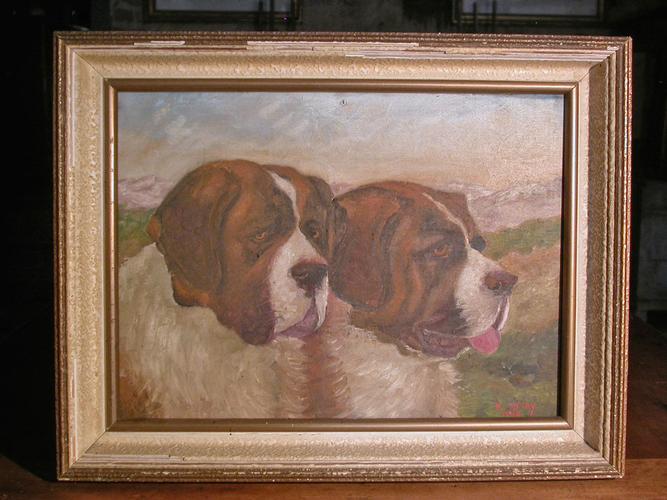 HUILE SUR BOIS “ LES SAINTS BERNARD ” par DITRY 1950
