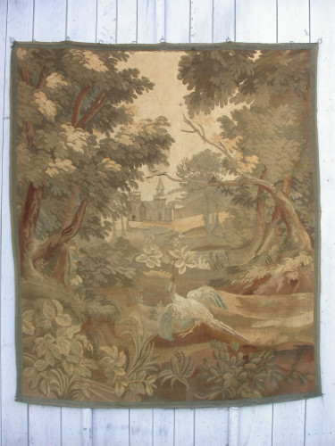 Grande TAPISSERIE VERDURE 19ème A L'OISEAU en LAINE et SOIE