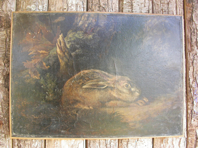 Amusante HUILE SUR TOILE illustrant un LIEVRE au GITE 19e